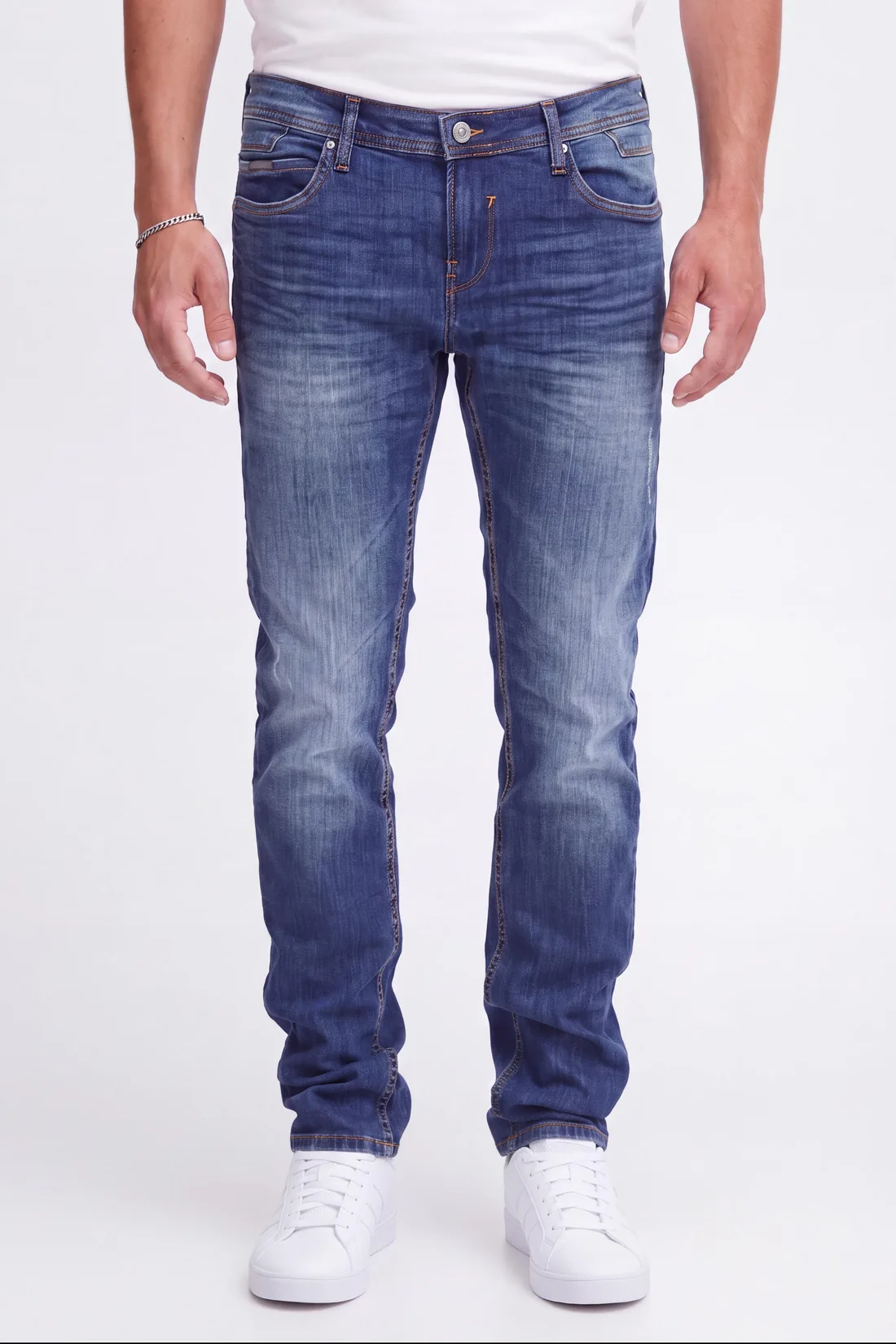 Generated denim frame before correction, with an oversaturated blue cast