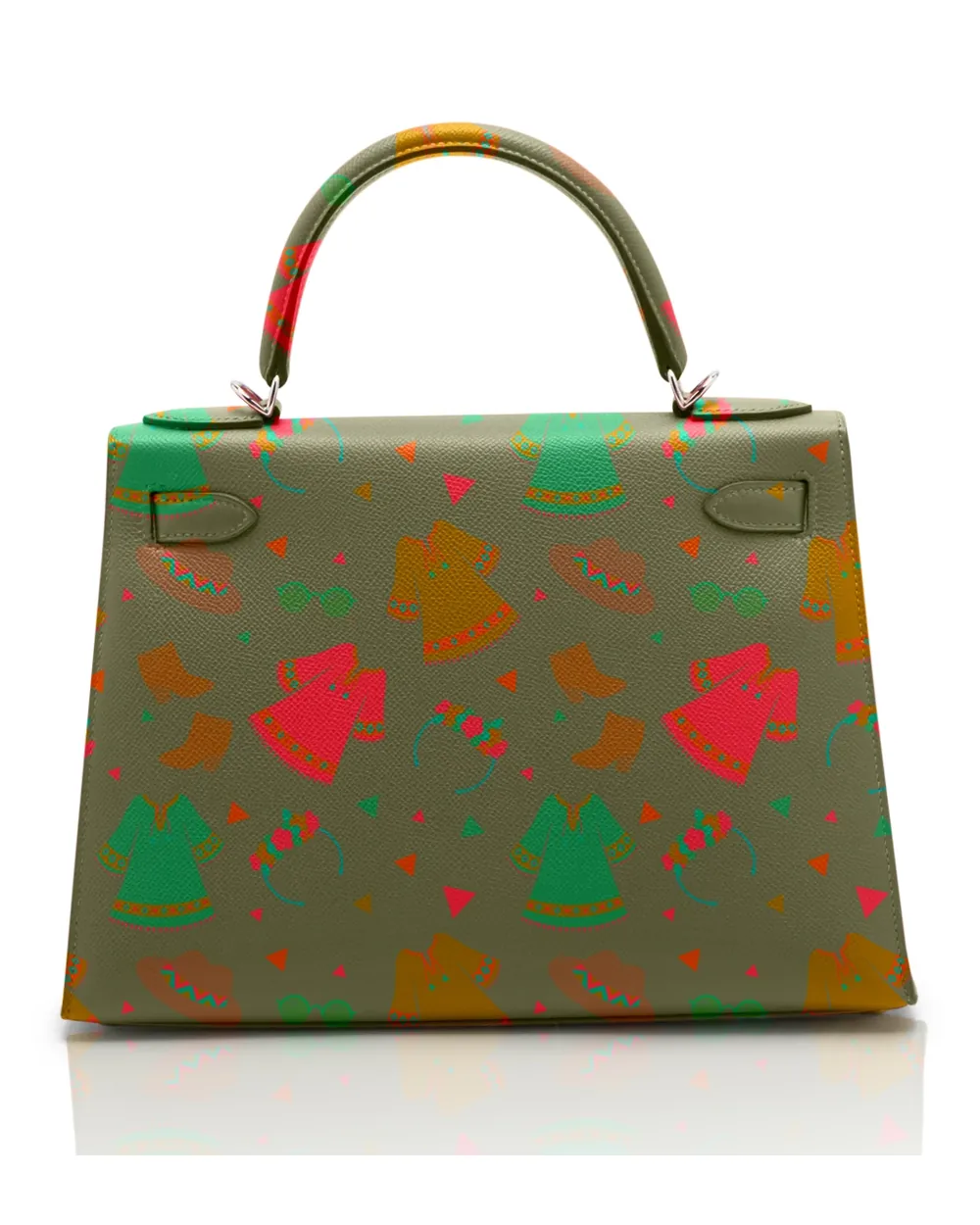 The same handbag rebuilt in a printed colourway on white, with no reshoot