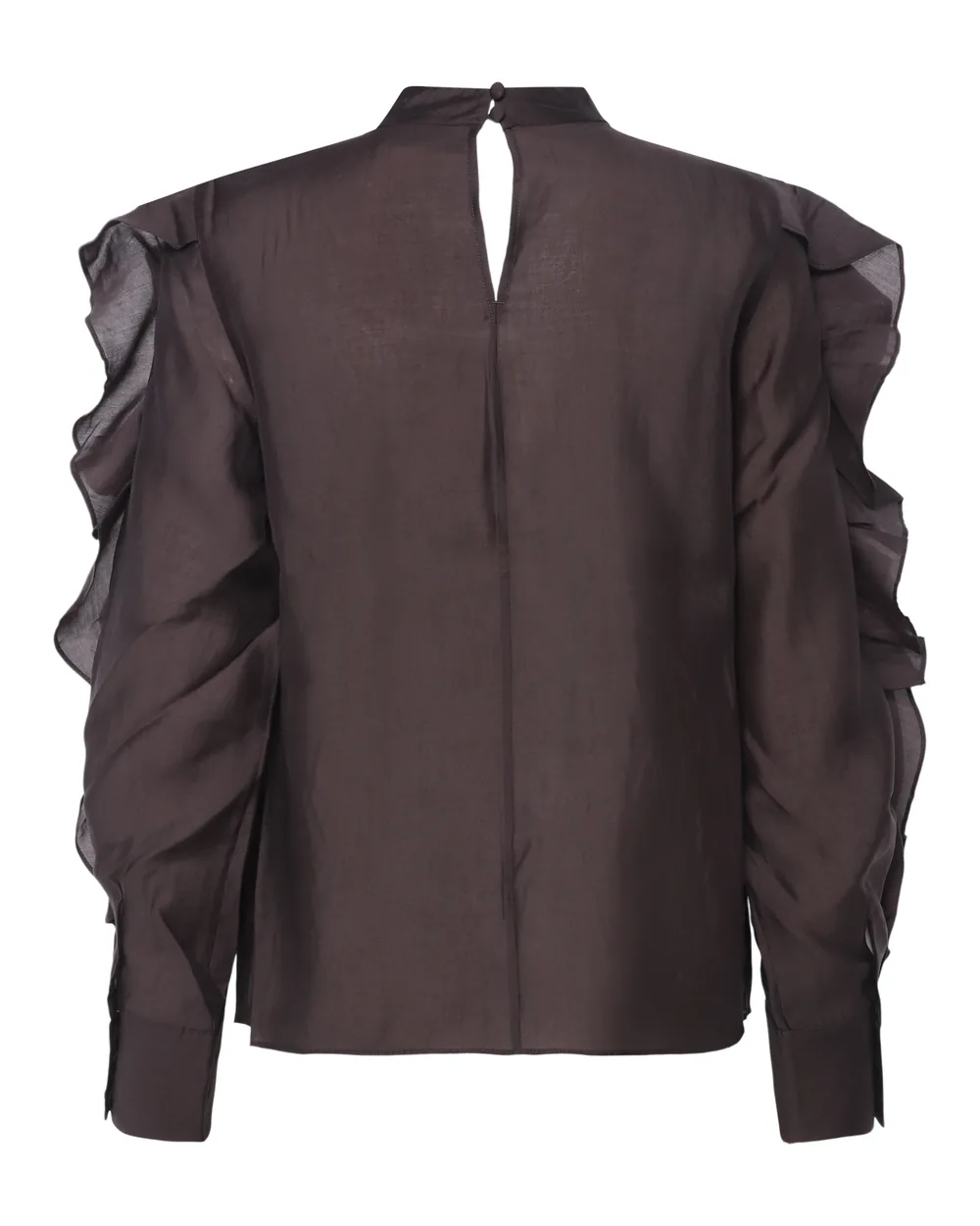 The same blouse after retouching, every ruffle edge cut cleanly on pure white