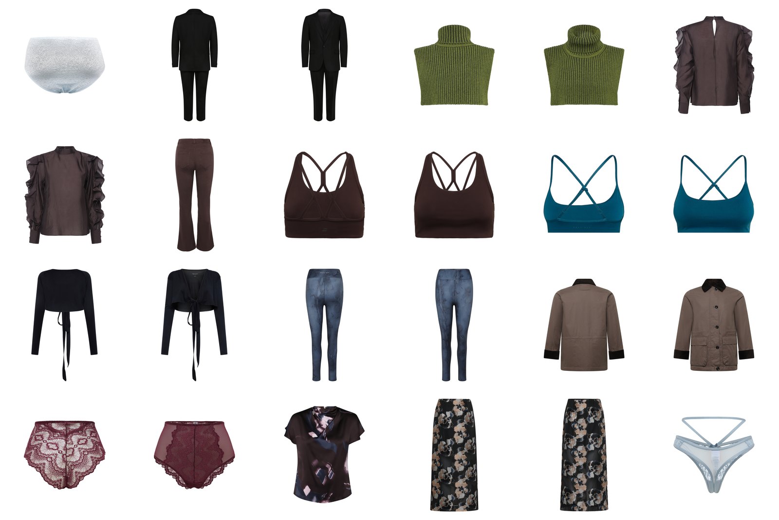 Twenty-four finished garments on pure white &mdash; tailoring, ribbed knitwear, sheer blouses, denim, moulded activewear, waxed cotton outerwear and lace &mdash; all cut out at the same frame size and the same background