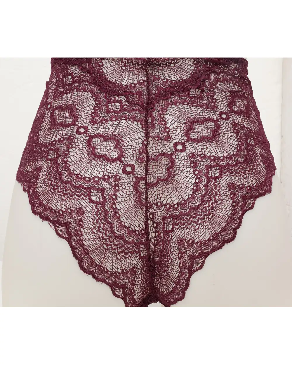 Burgundy lace brief as shot on a studio backdrop