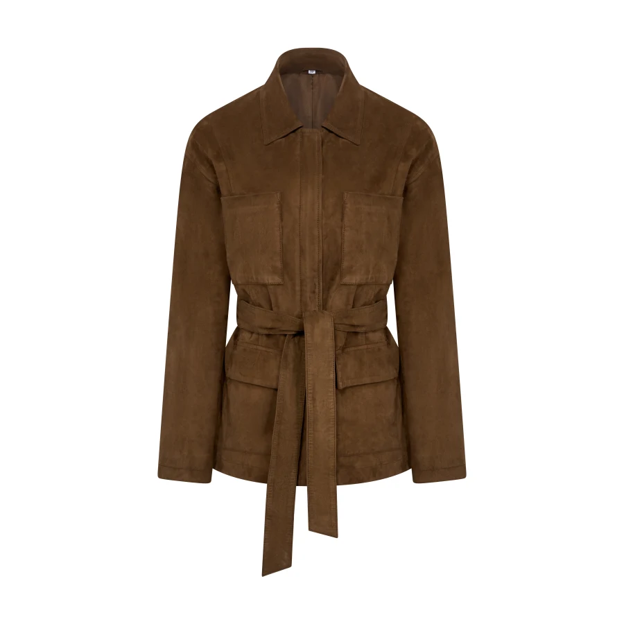 Ghost mannequin retouching — suede jacket rebuilt on pure white