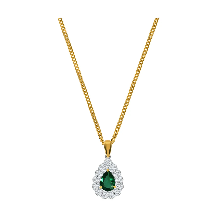 Jewellery retouching — emerald and diamond halo pendant
